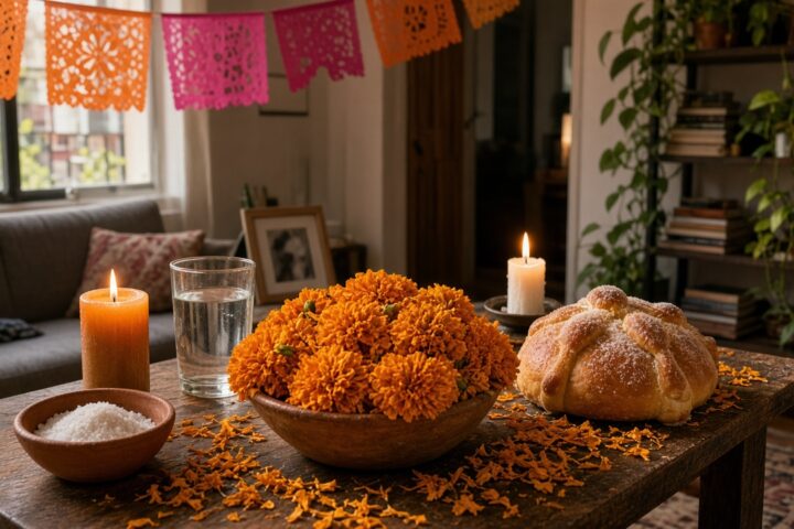 Ofrenda de Día de Muertos compacta en un departamento con cempasúchil, velas y retrato familiar
