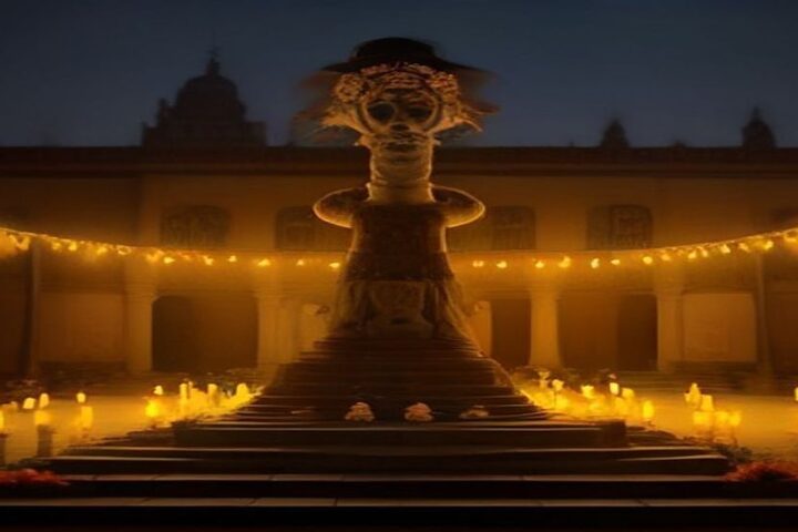 Altar monumental de Día de Muertos en una plaza colonial al anochecer, con una gran figura de cartonería de calavera elegante sobre escalinatas, velas encendidas y guirnaldas de luces
