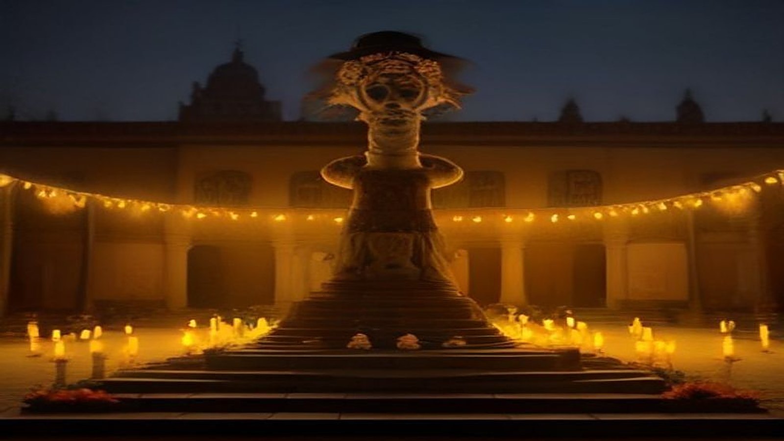 Altar monumental de Día de Muertos en una plaza colonial al anochecer, con una gran figura de cartonería de calavera elegante sobre escalinatas, velas encendidas y guirnaldas de luces