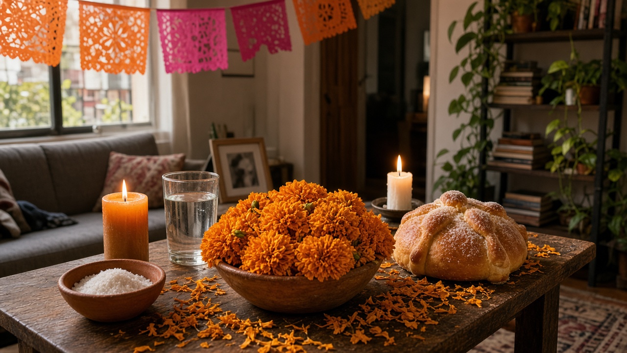 Ofrenda de Día de Muertos compacta en un departamento con cempasúchil, velas y retrato familiar