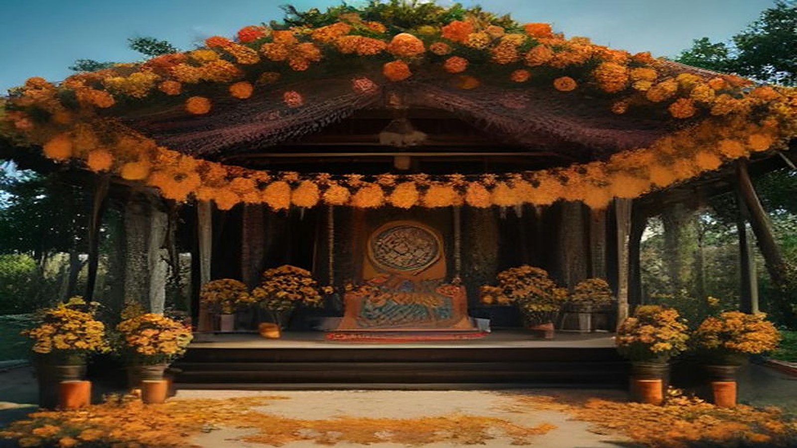 Pabellón al aire libre cubierto de flores de cempasúchil, con un altar al fondo, macetas de flores anaranjadas y pétalos sobre el piso