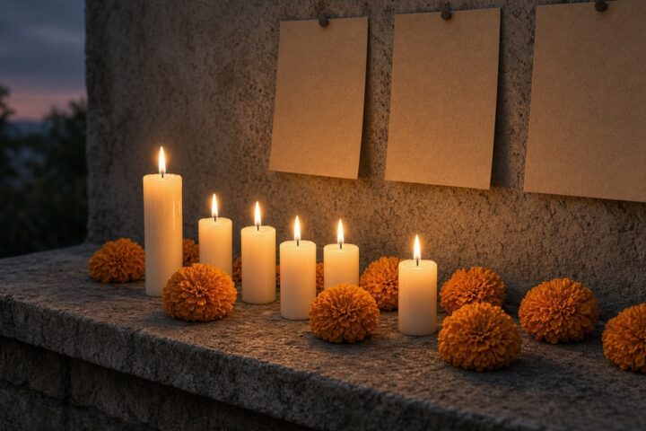 Hilera de velas encendidas y flores de cempasúchil sobre un escalón de piedra al anochecer, con hojas de papel en blanco en la pared, sin personas