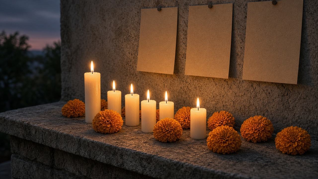 Hilera de velas encendidas y flores de cempasúchil sobre un escalón de piedra al anochecer, con hojas de papel en blanco en la pared, sin personas