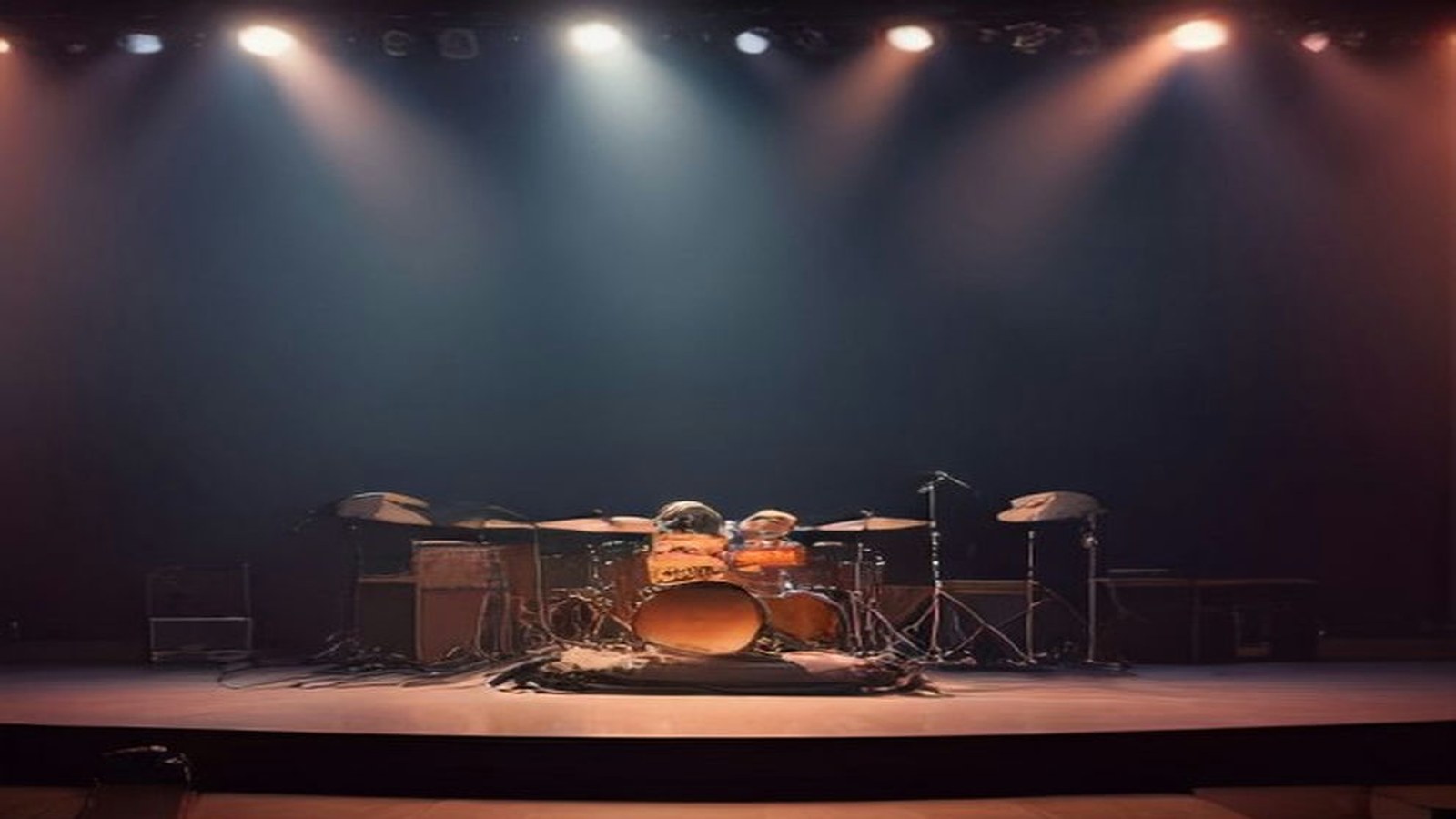 Escenario de concierto vacío con una batería al centro, amplificadores y micrófonos, iluminado por reflectores cálidos y azules frente a un telón oscuro