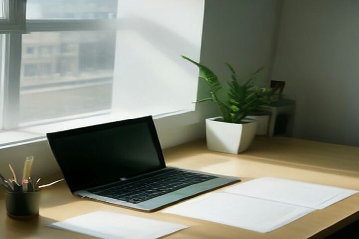 Escritorio ordenado con laptop de pantalla en blanco, papeles y una planta junto a una ventana con luz de día