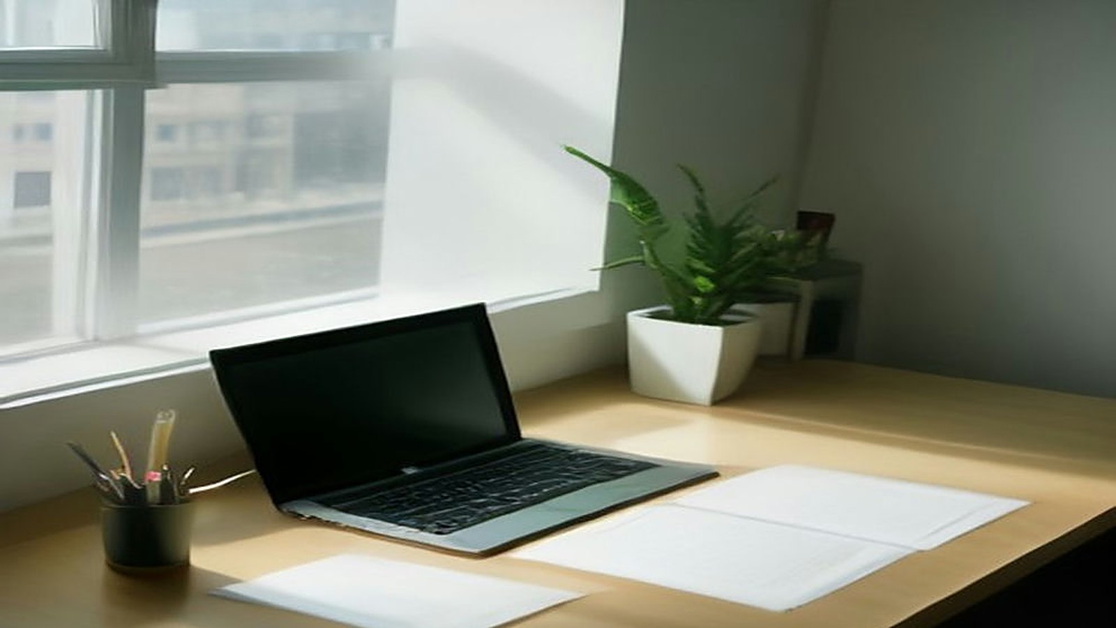 Escritorio ordenado con laptop de pantalla en blanco, papeles y una planta junto a una ventana con luz de día