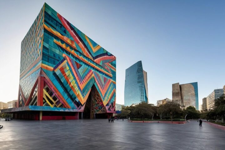 Edificio cultural poliédrico cubierto de murales de colores junto a una explanada de concreto y la base de una torre de vidrio en Insurgentes Sur