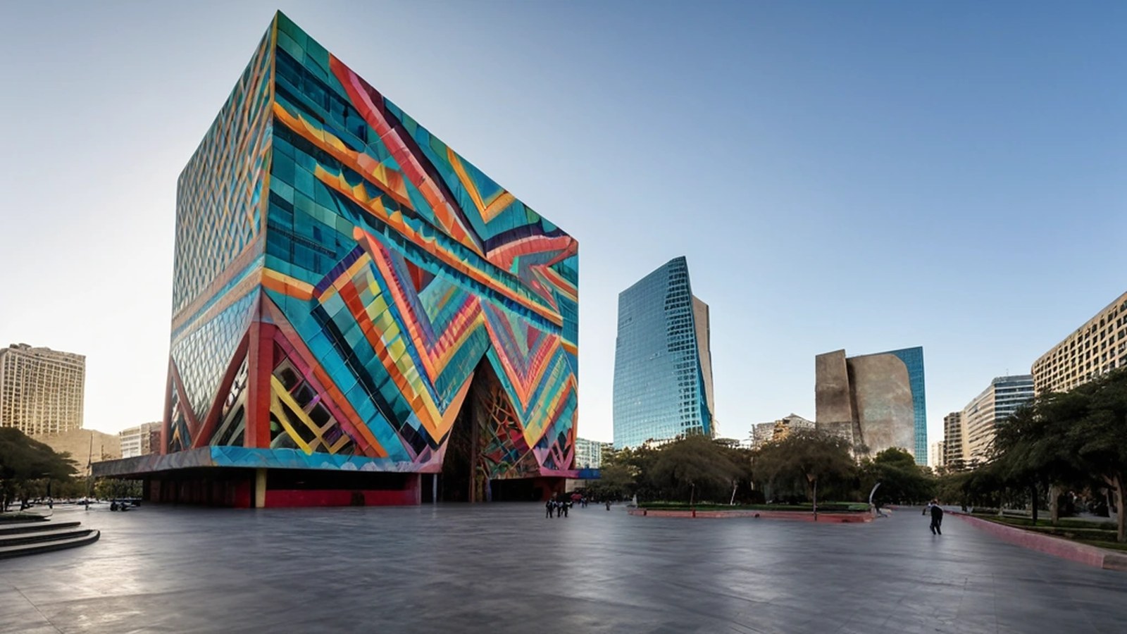 Edificio cultural poliédrico cubierto de murales de colores junto a una explanada de concreto y la base de una torre de vidrio en Insurgentes Sur