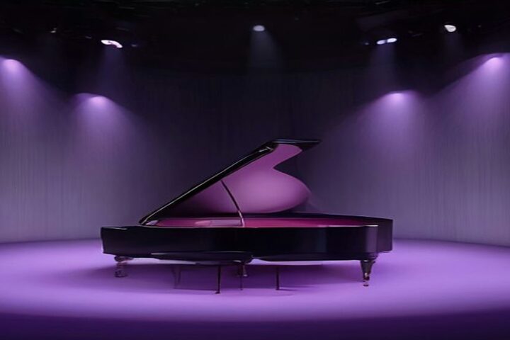 Escenario vacío bañado en luz violeta con un piano de cola negro al centro y reflectores encendidos sobre la bruma