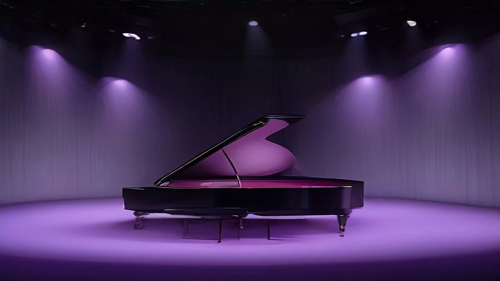 Escenario vacío bañado en luz violeta con un piano de cola negro al centro y reflectores encendidos sobre la bruma