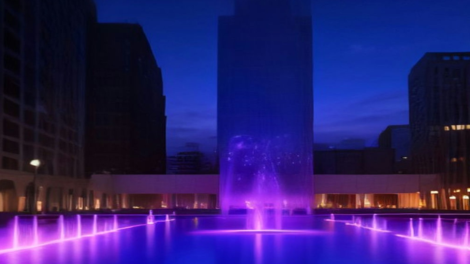 Plaza con fuentes iluminadas de violeta frente a edificios modernos de cristal al anochecer
