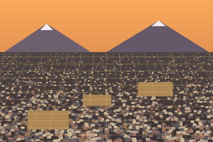 Vista aérea ilustrativa del Valle de México al atardecer con un mosaico de colonias, lotes baldíos y una cuadrícula catastral sobre los predios