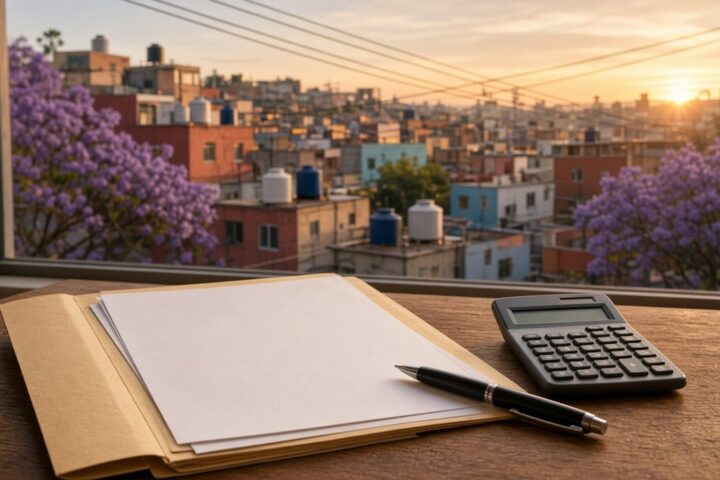 Carpeta con documentos, calculadora y pluma sobre una mesa junto a una ventana con vista a casas de colores, tinacos y jacarandas de una colonia de la Ciudad de México al atardecer