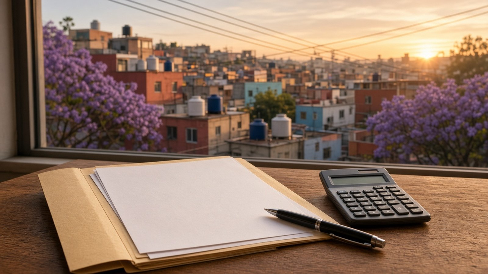 Carpeta con documentos, calculadora y pluma sobre una mesa junto a una ventana con vista a casas de colores, tinacos y jacarandas de una colonia de la Ciudad de México al atardecer