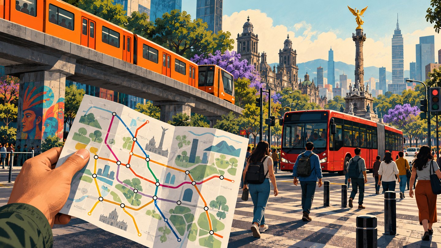 Ilustración conceptual de transporte público, peatones y un plano de recorrido en Ciudad de México.