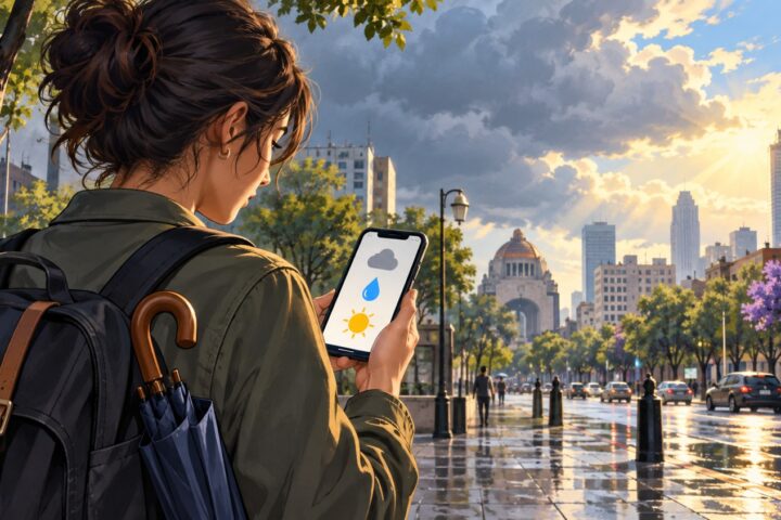 Ilustración de una persona consultando iconos del tiempo en su teléfono antes de caminar por una calle de Ciudad de México.