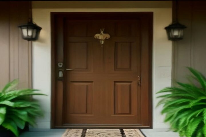 Puerta de madera de una casa con un tapete en la entrada, dos faroles y plantas verdes a los lados