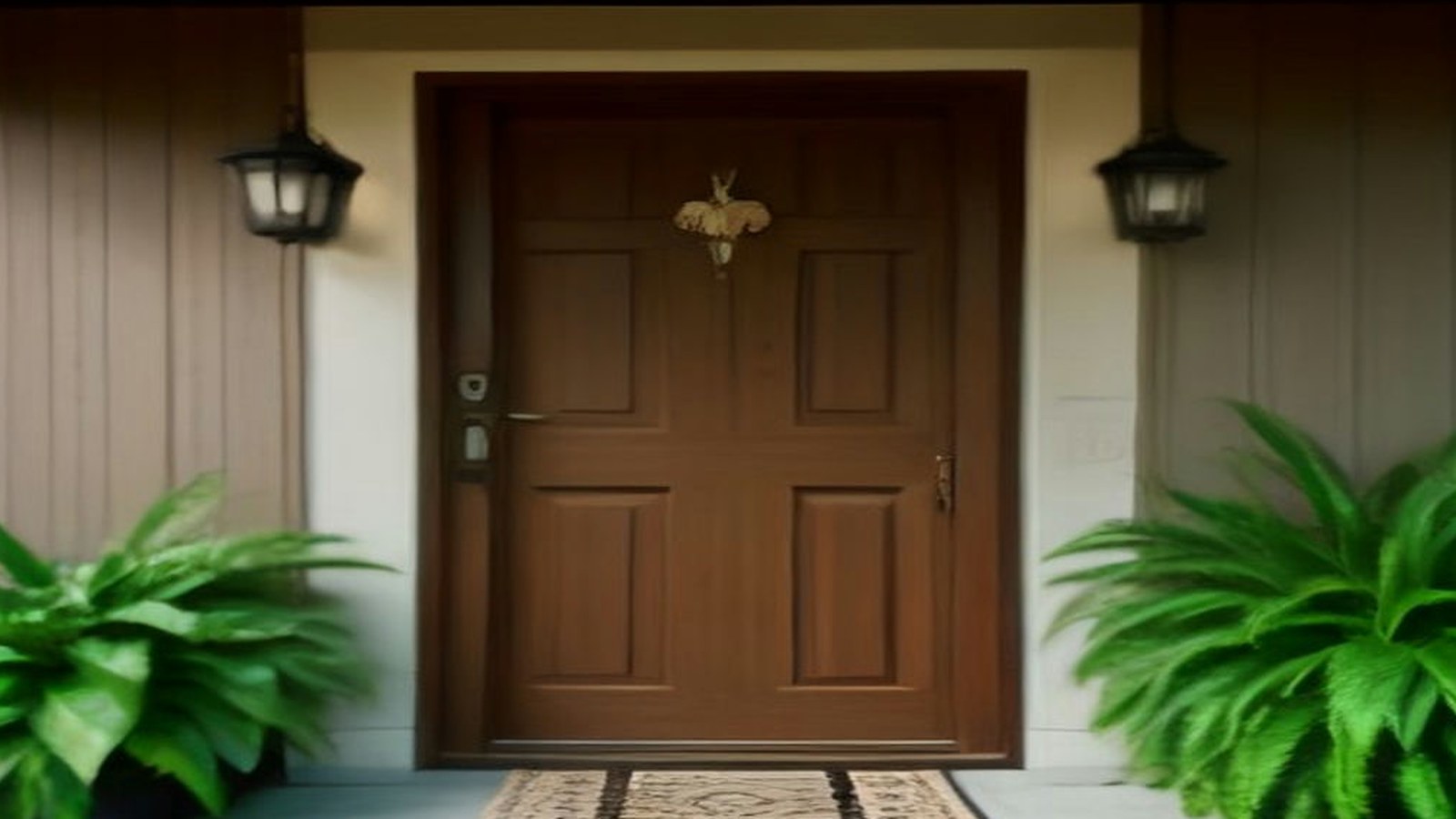 Puerta de madera de una casa con un tapete en la entrada, dos faroles y plantas verdes a los lados