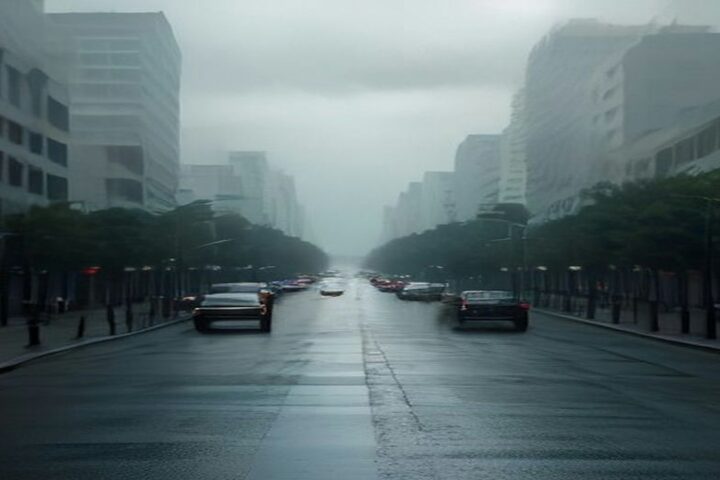 Avenida amplia de la Ciudad de México en una mañana nublada y con bruma, con el pavimento mojado por la lluvia de la noche, autos circulando, camellón arbolado y edificios de oficinas al fondo