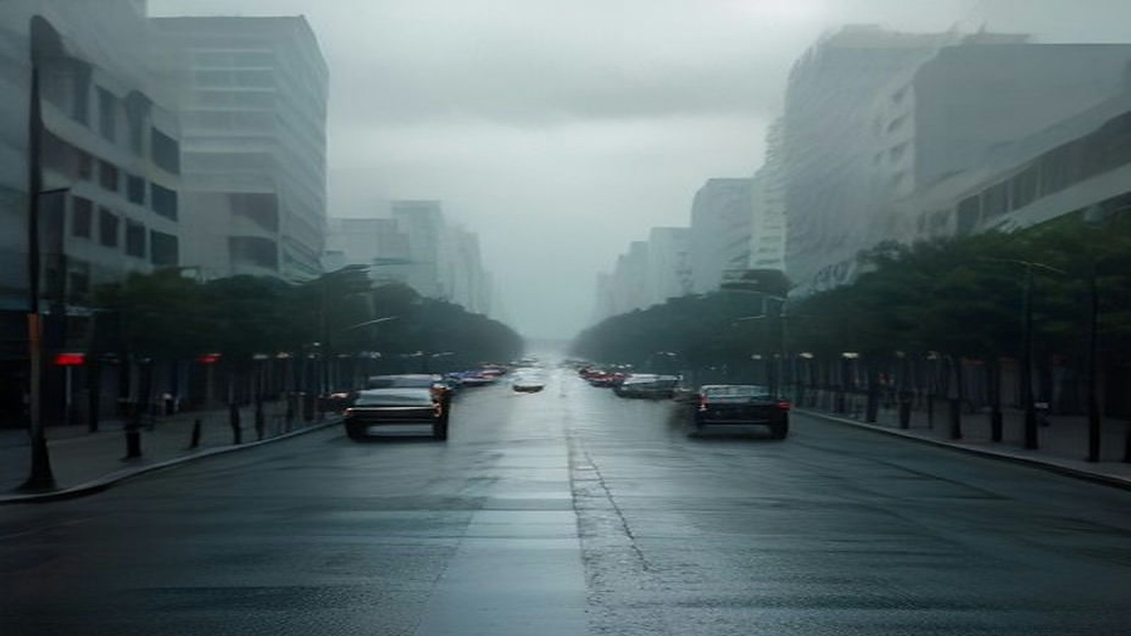 Avenida amplia de la Ciudad de México en una mañana nublada y con bruma, con el pavimento mojado por la lluvia de la noche, autos circulando, camellón arbolado y edificios de oficinas al fondo