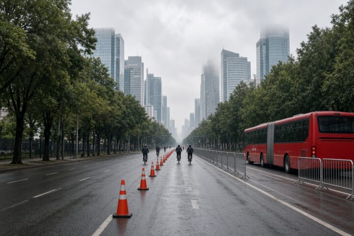 Avenida arbolada de la Ciudad de México cerrada al tránsito con conos y vallas en una mañana nublada de domingo, con ciclistas lejanos de espaldas, un autobús articulado rojo en carril confinado y edificios entre neblina