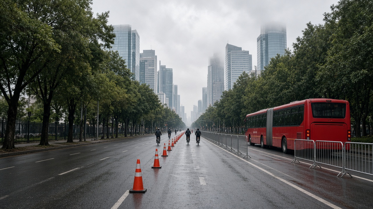 Avenida arbolada de la Ciudad de México cerrada al tránsito con conos y vallas en una mañana nublada de domingo, con ciclistas lejanos de espaldas, un autobús articulado rojo en carril confinado y edificios entre neblina