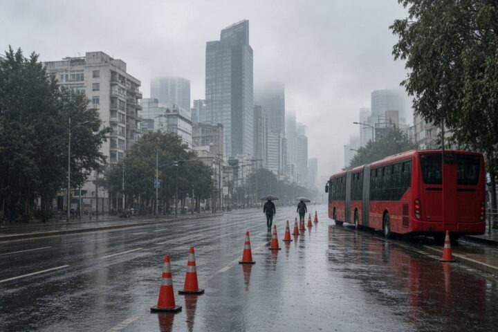 Avenida mojada de la Ciudad de México en una mañana nublada, con conos naranjas, un autobús articulado rojo sin logos y peatones con paraguas vistos de espaldas