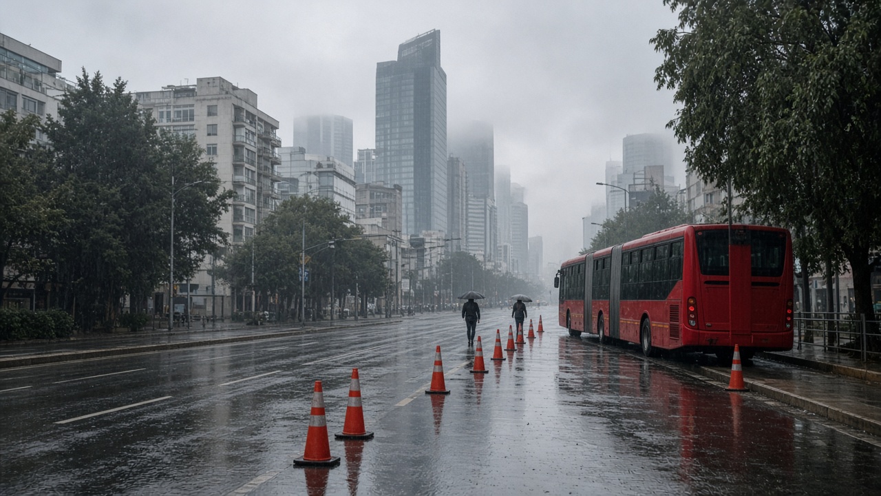 Avenida mojada de la Ciudad de México en una mañana nublada, con conos naranjas, un autobús articulado rojo sin logos y peatones con paraguas vistos de espaldas
