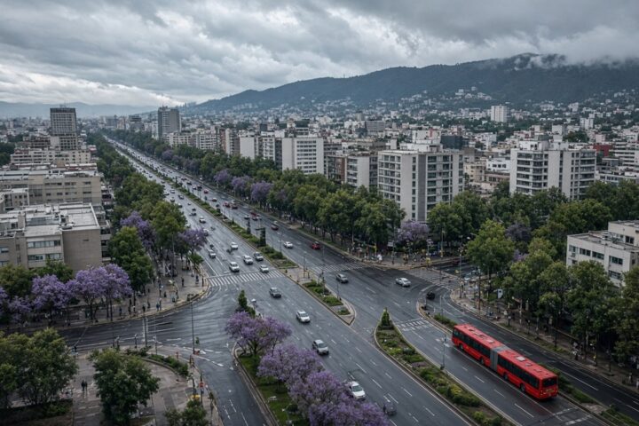 Vista aérea de una amplia avenida arbolada de la Ciudad de México con jacarandas, autos y un autobús rojo articulado en su carril confinado bajo un cielo nublado de lluvia