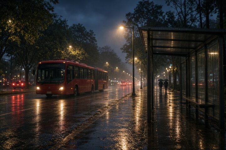 Avenida de la Ciudad de México de noche después de la lluvia, con el pavimento mojado reflejando faroles, un autobús articulado rojo en carril confinado y una estación techada de vidrio casi vacía