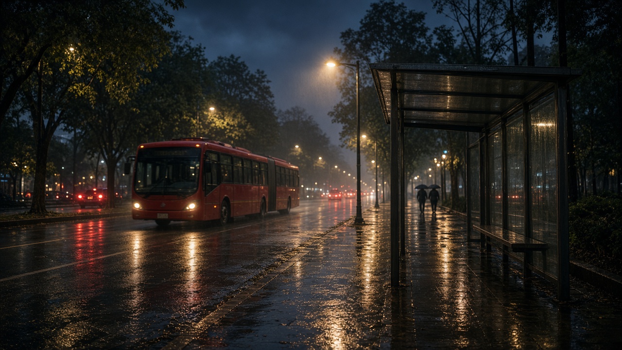 Avenida de la Ciudad de México de noche después de la lluvia, con el pavimento mojado reflejando faroles, un autobús articulado rojo en carril confinado y una estación techada de vidrio casi vacía