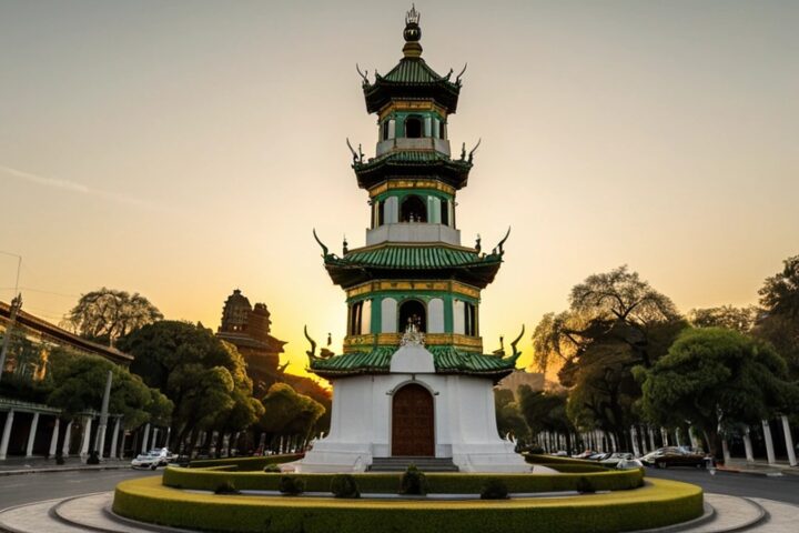 Torre de reloj de estilo oriental con techo de pagoda verde y dorado sobre una pequeña glorieta de una avenida arbolada al atardecer