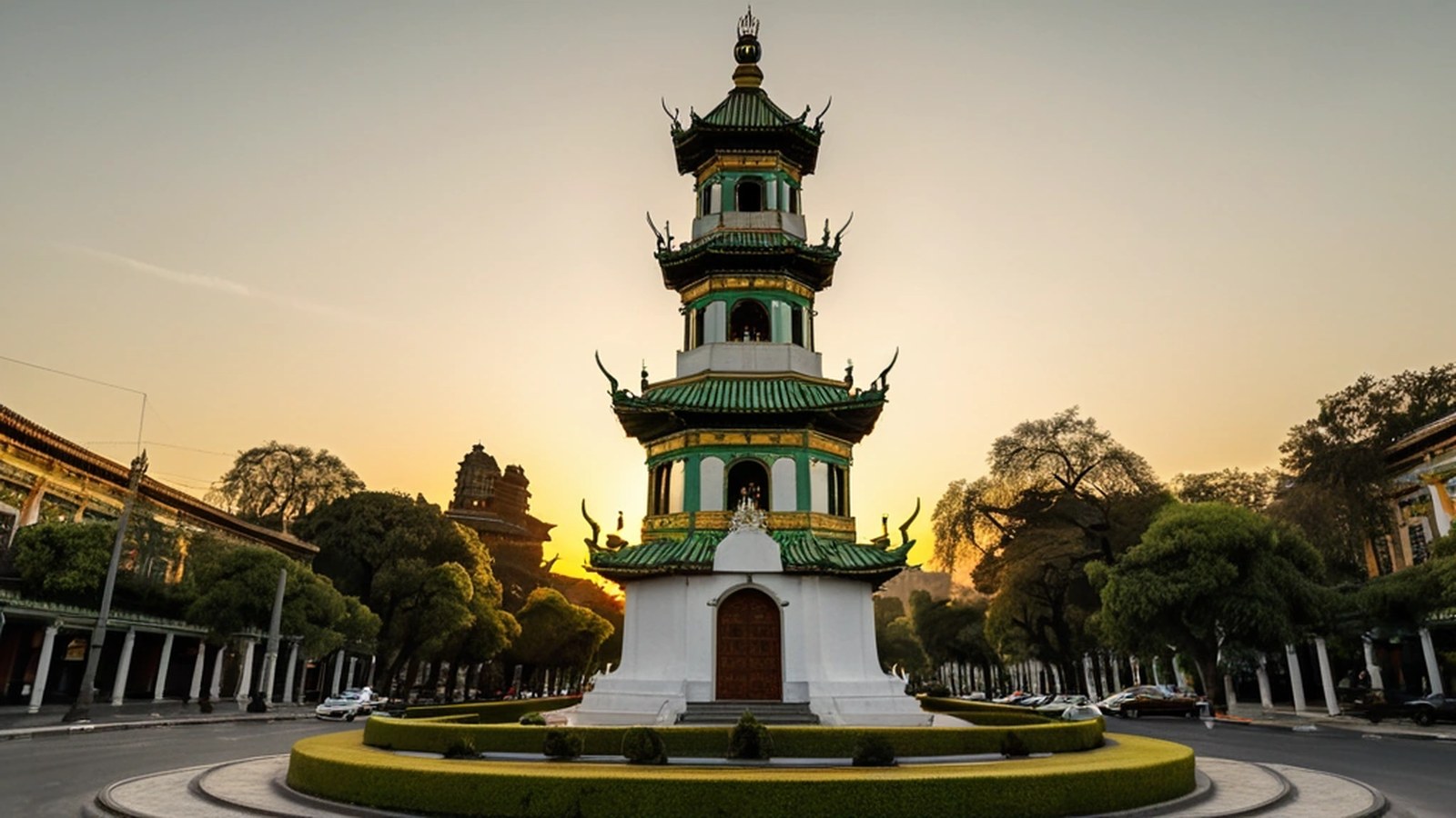 Torre de reloj de estilo oriental con techo de pagoda verde y dorado sobre una pequeña glorieta de una avenida arbolada al atardecer