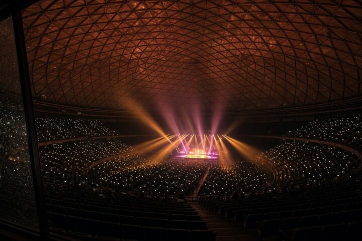 Interior de una gran arena techada con domo de cobre durante un concierto nocturno, con haces de luz ámbar y magenta sobre el escenario y miles de luces de celulares en las gradas