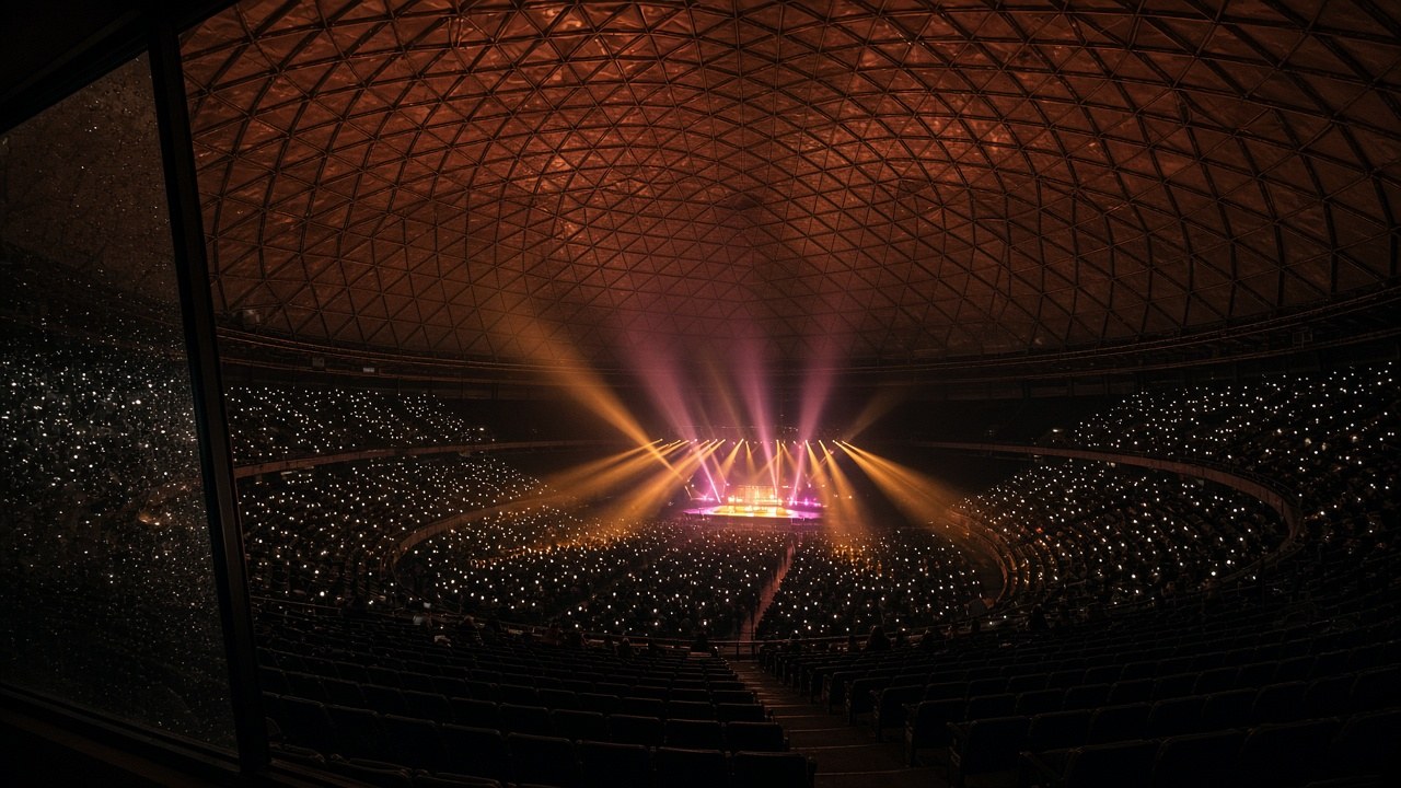 Interior de una gran arena techada con domo de cobre durante un concierto nocturno, con haces de luz ámbar y magenta sobre el escenario y miles de luces de celulares en las gradas
