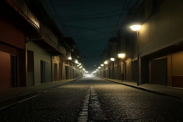 Calle de una zona urbana de noche iluminada por faroles anaranjados, con banquetas vacías y el asfalto mojado reflejando las luces