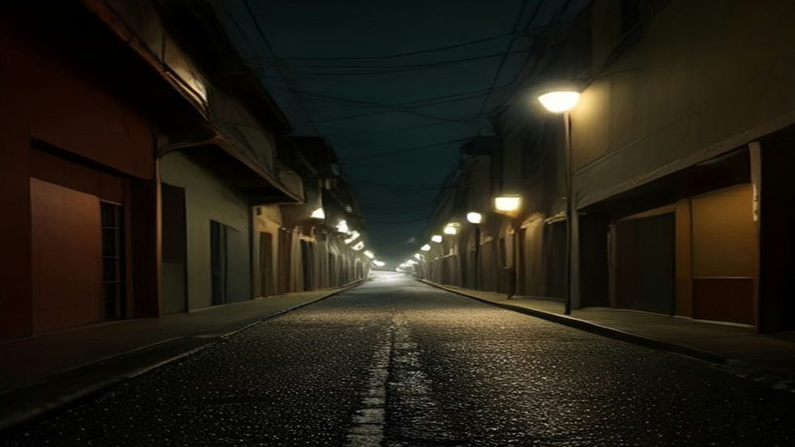 Calle de una zona urbana de noche iluminada por faroles anaranjados, con banquetas vacías y el asfalto mojado reflejando las luces