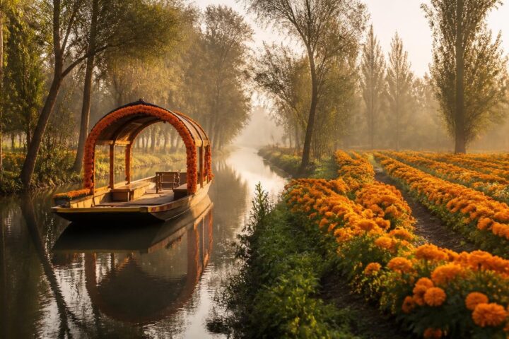 Trajinera vacía con arco adornado de flores naranjas sobre un canal de Xochimilco junto a chinampas de cempasúchil en flor y ahuejotes entre la neblina del amanecer