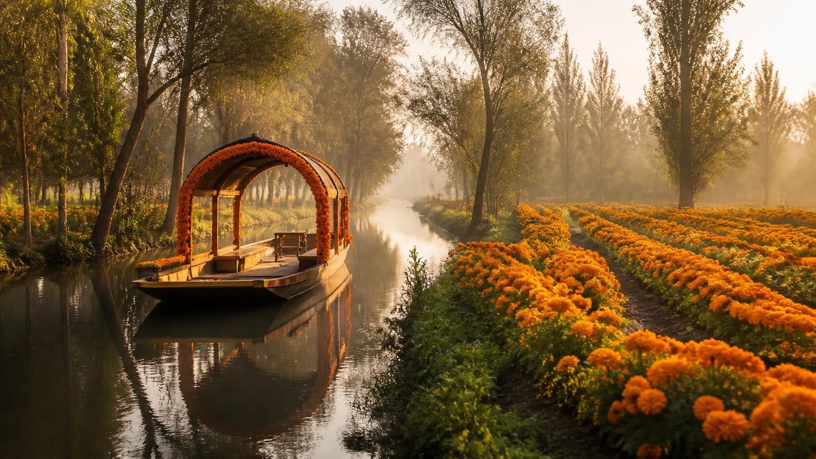 Trajinera vacía con arco adornado de flores naranjas sobre un canal de Xochimilco junto a chinampas de cempasúchil en flor y ahuejotes entre la neblina del amanecer