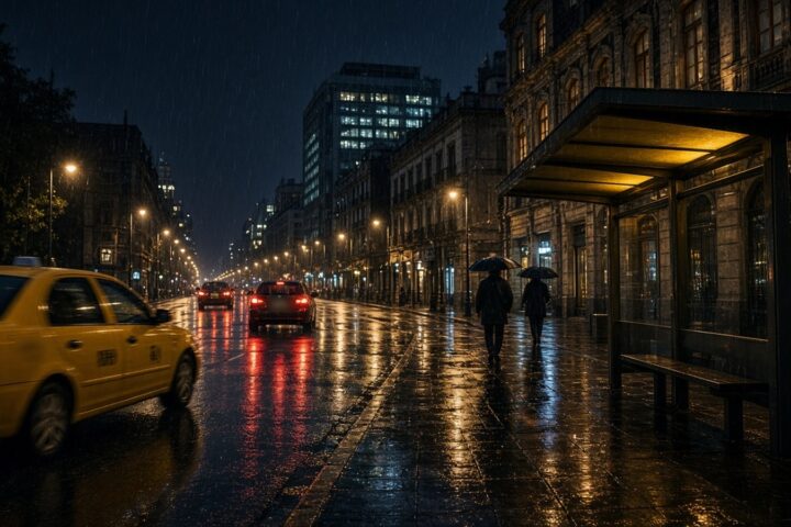 Avenida de la Ciudad de México de noche bajo la lluvia, con el pavimento mojado reflejando las luces de los autos, un taxi en movimiento y una parada techada con dos siluetas lejanas bajo paraguas