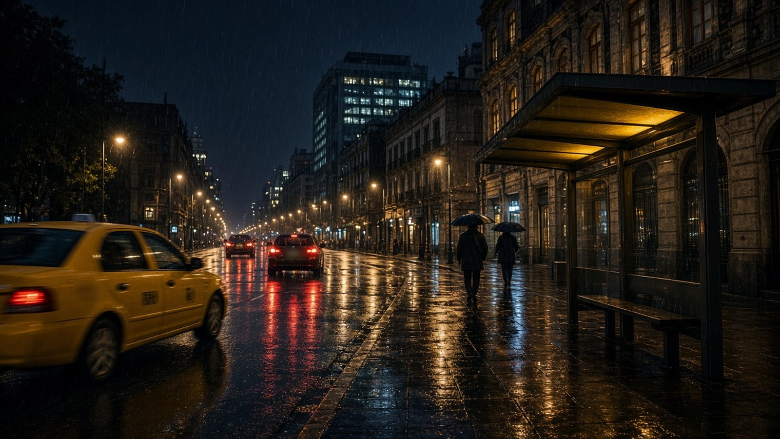 Avenida de la Ciudad de México de noche bajo la lluvia, con el pavimento mojado reflejando las luces de los autos, un taxi en movimiento y una parada techada con dos siluetas lejanas bajo paraguas