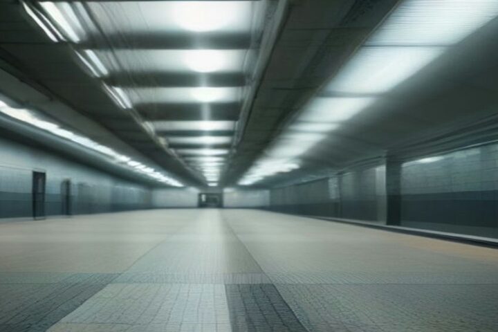 Andén subterráneo amplio y vacío con luces fluorescentes en el techo y un tren difuminado por el movimiento a un costado