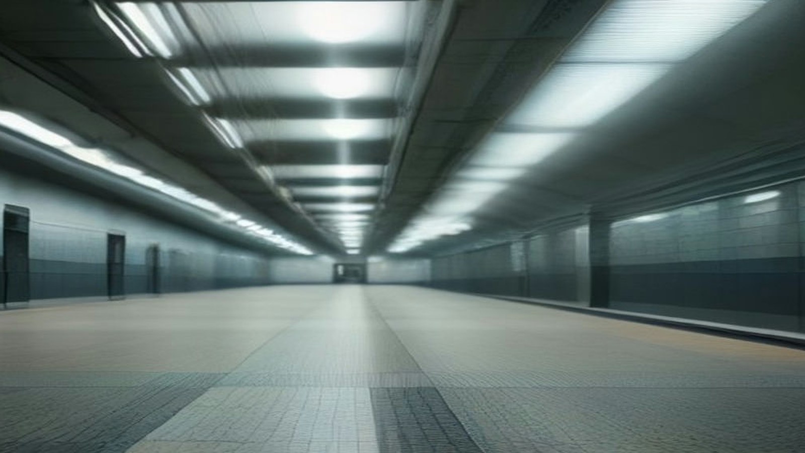 Andén subterráneo amplio y vacío con luces fluorescentes en el techo y un tren difuminado por el movimiento a un costado