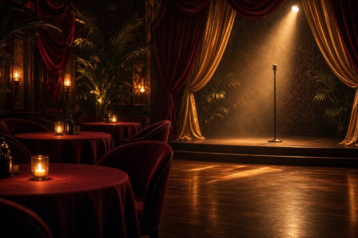Salón de espectáculos con luces cálidas, escenario vacío y mesas al estilo cabaret nocturno en la Ciudad de México