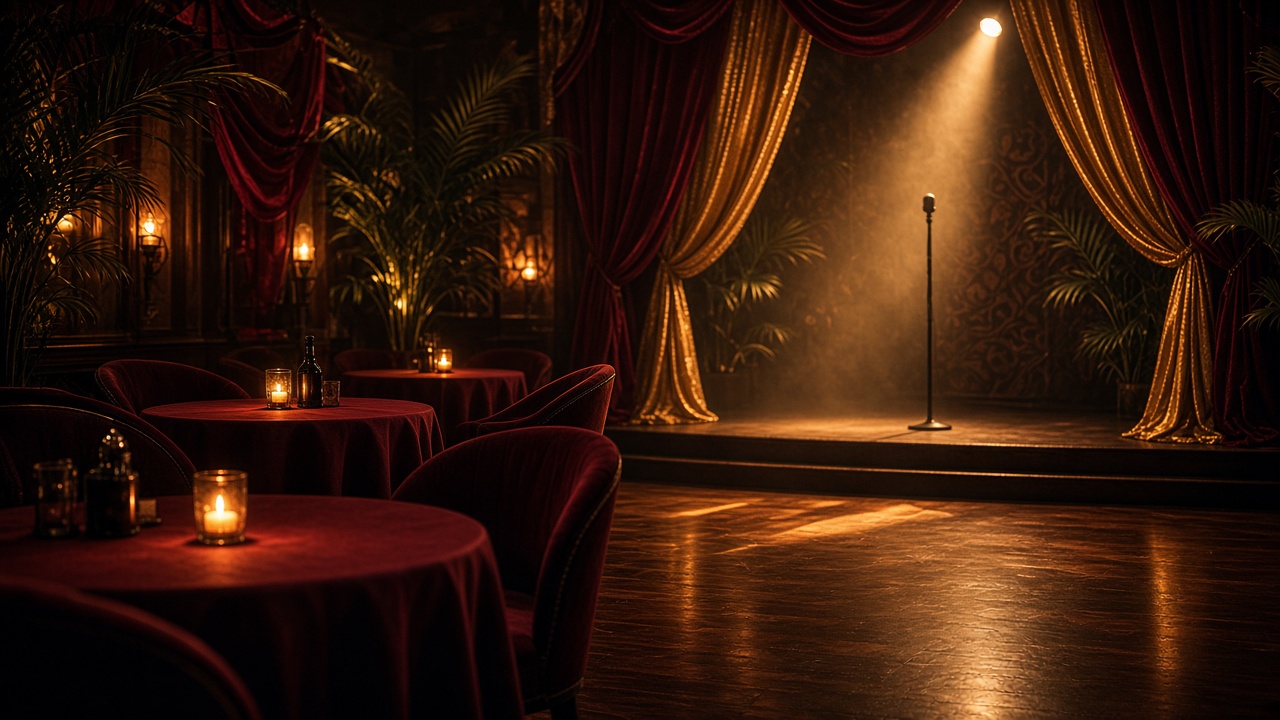 Salón de espectáculos con luces cálidas, escenario vacío y mesas al estilo cabaret nocturno en la Ciudad de México