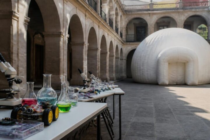 Patio colonial de cantera con arcos donde se alinean mesas con microscopios, matraces de colores y un robot educativo junto a un domo de planetario inflable