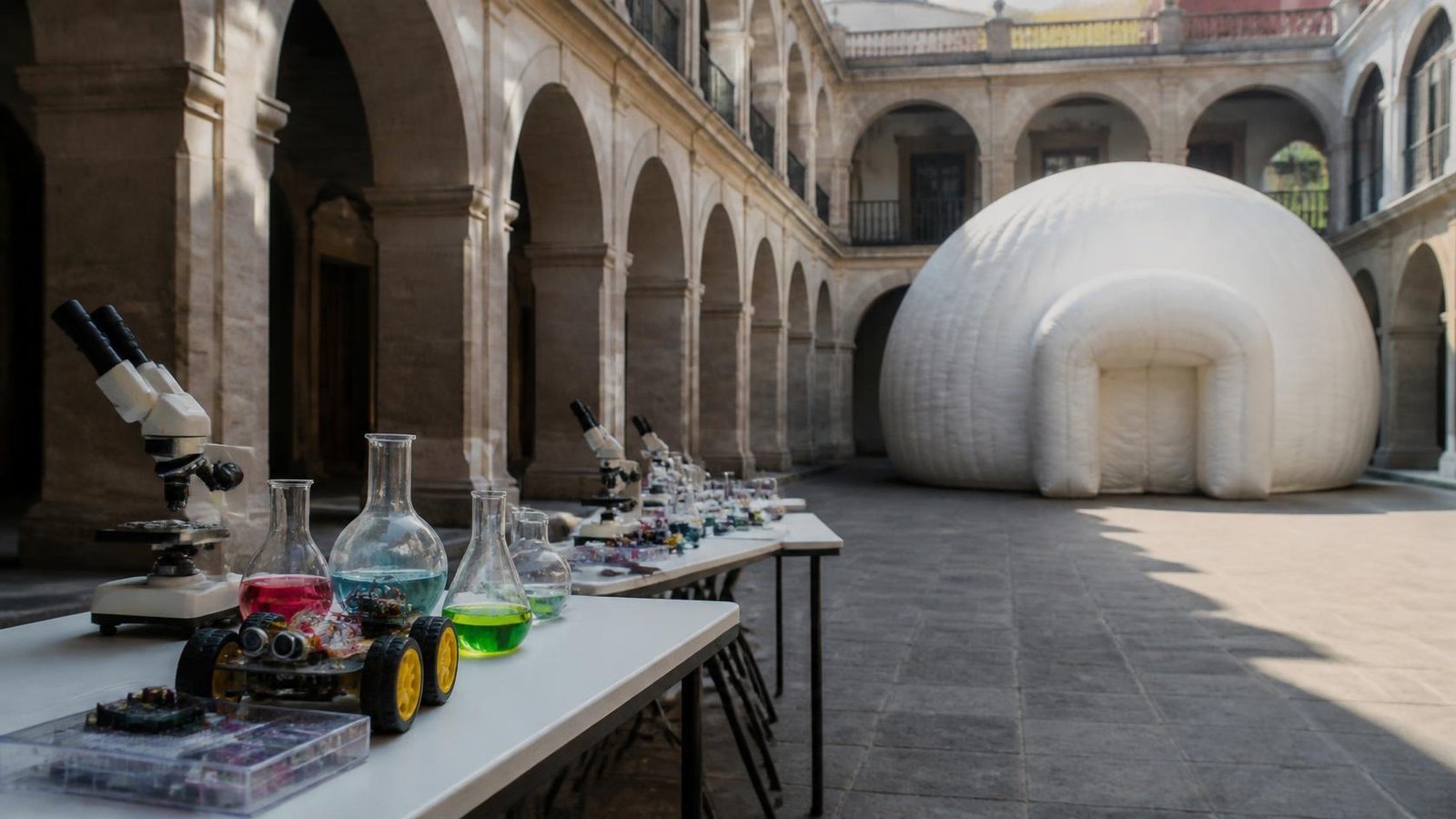 Patio colonial de cantera con arcos donde se alinean mesas con microscopios, matraces de colores y un robot educativo junto a un domo de planetario inflable