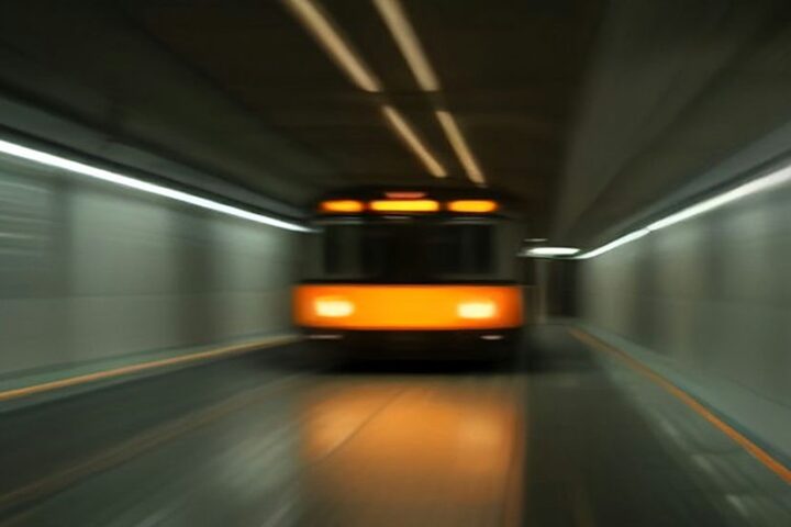 Tren naranja del Metro llegando a un andén subterráneo vacío, con luces del túnel en movimiento
