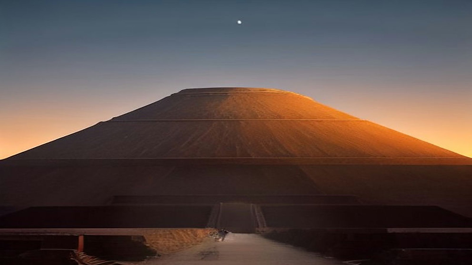 Gran pirámide escalonada de piedra al amanecer vista desde una amplia calzada, con cielo despejado en tonos naranjas y azules