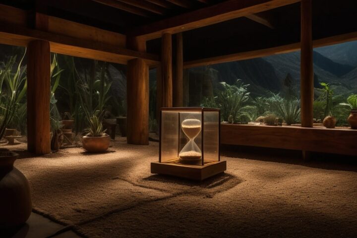 Sala de museo oscura con un gran reloj de arena luminoso al centro y proyecciones de un bosque, un glaciar y una ciudad con smog en los muros